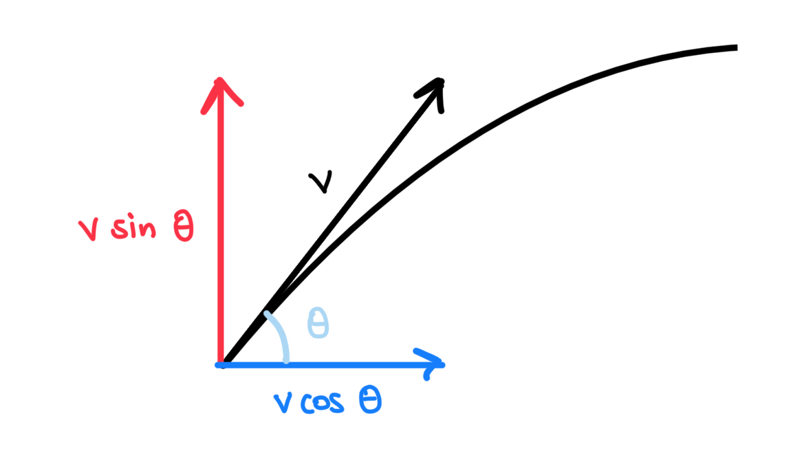 Velocity of projectile motion separated into x and y components
